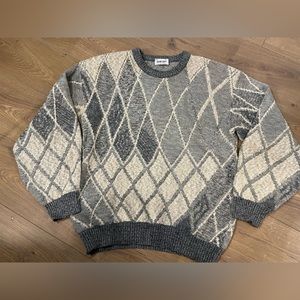 VINTAGE 70s Shelby Brand Grey Diamond Geometric Ombré Knit Sweater XL Tall